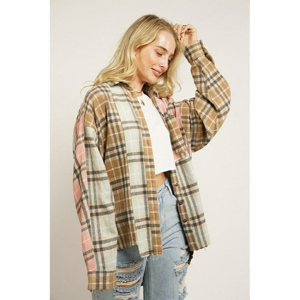 GeeGee Clothing Pink Plaid Button Up Shirt Jacket Shacket High Low S-L SJ2260